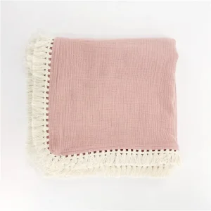 Double Layers Baby Tassel Trim Organic Muslin Swaddle Baby Blanket