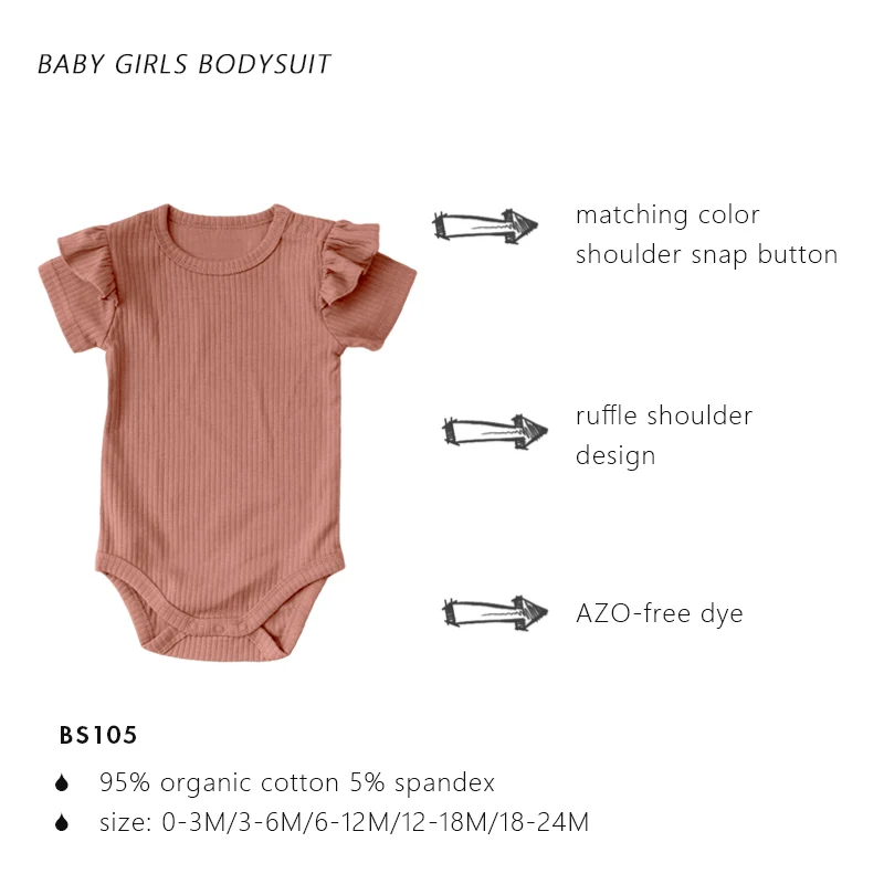 Low MOQ Baby Clothes Short Sleeve Shoulder Snaps Organic Cotton Ribbed Frill Baby Girl Romper - Image 3