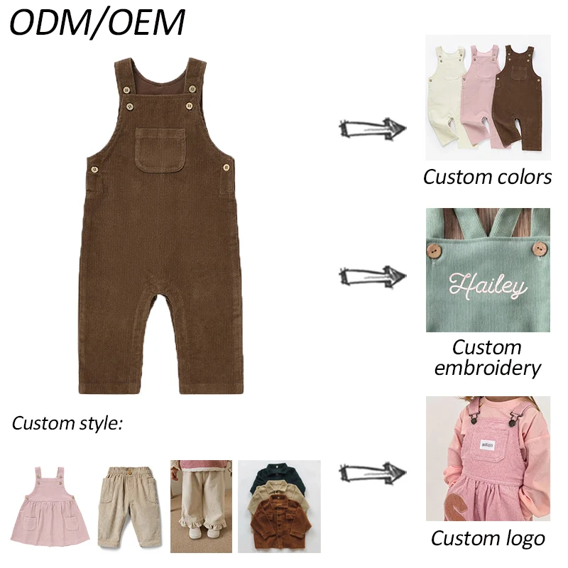 Soft Customizable Outfits Solid Color Organic Cotton Corduroy Suspender Pants for Infants Baby - Image 6
