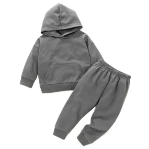 French Terry Baby Solid Kangaroo Pocket Hoodie & Sweatpants Baby Two Piece Set Children Hooded Clothing Set