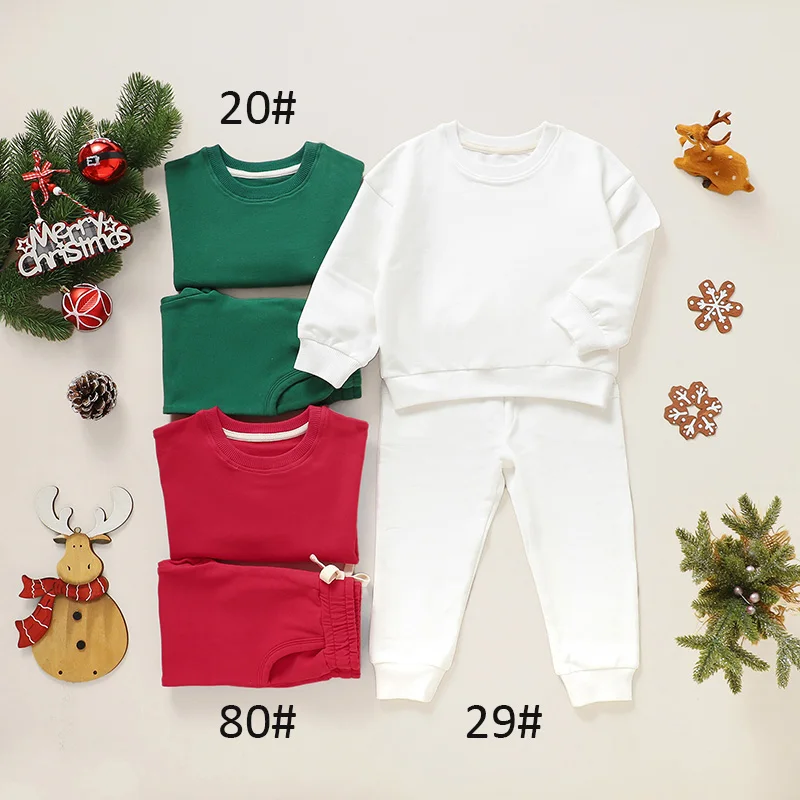 Factory Outlet Organic Cotton Baby Crew Neck Sweatshirt Solid Color Baby Clothes and Pants Christmas Clothes Set - Image 4