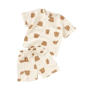 Non-toxic Pattern Bear Bears Muslin Children Summer Clothes Kids Tees Baby Shorts