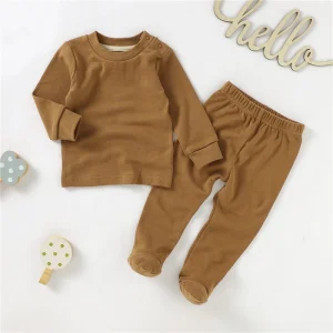Spring Autumn Long Sleeve Shoulder Placket Baby t Shirt and Footie Pants Set