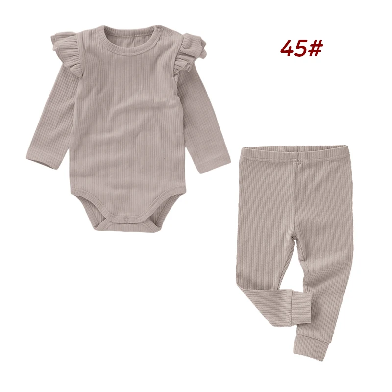 Newborn Baby Girls Solid Color Rib Knit Cotton Long Sleeve Jumpsuit Trousers Autumn Winter Baby Clothing Sets - Image 6