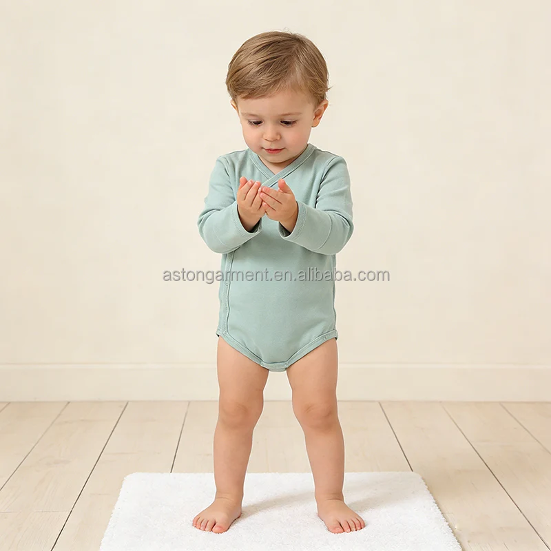 Organic Cotton Fold Over Cuff Long Sleeve Snap Crotch Kimono Baby Short Rompers - Image 2
