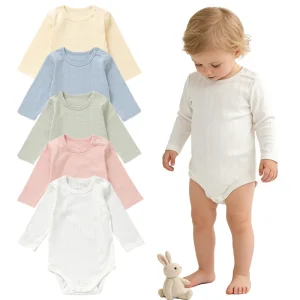 Long Sleeve Pointelle Rib Cotton Baby Bodysuit - Soft Breathable Newborn Onesie for Infant Boys & Girls