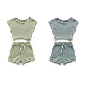 Elastic Ribbed 2pcs Set Drop Shoulder Baby Girl Pajama Set