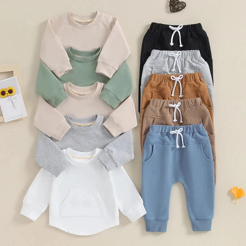 Toddler Baby Boy Girl 2Pcs Long Sleeve Solid Color Top Elastic Pants Set Outfit Tracksuit - Image 2