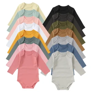 Wholesale Solid Colors 100% Organic Cotton Full Sleeve Toddler Grow Baby Bodysuit Rompers