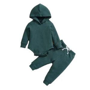 Autumn 2pcs Hooded Bodysuit Long Pants Waffle Romper Set Baby Clothing Breathable Anti-Wrinkle European-American Style