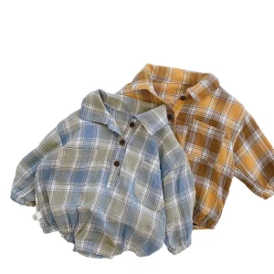 Wholesale 100% Cotton Woven Fashion Yarn Dye Grid Baby Shirt Romper Baby Romper Clothes
