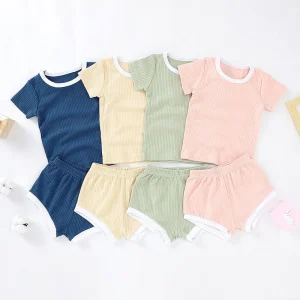 Baby Pajama Set Rib Short Sleeve Organic Cotton Clothing Sets Summer Breathable Anti-shrink OEM Service Pullover Support O-neck