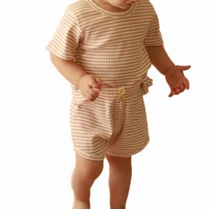 Organic Cotton Spandex Yarn Dye Stripe Rib Loungewear Set Baby Leisure Suit