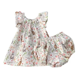 Wholesale Baby Girls Flutter Sleeve Dress & Bloomers Outfit,  2 Piece Baby's Set Baby Girl Outfit