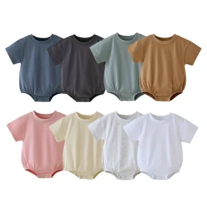 Customized logo From 20pcs Factory Supply 100% Organic Cotton Summer Short Sleeve Blank Clothes Baby Bubble Romper