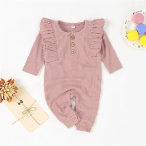 Wholesale Organic Cotton Baby Rompers  White Lovely Overalls Jumpsuit Bodysuit Rib Collar Long Sleeve Baby Girls Pajamas