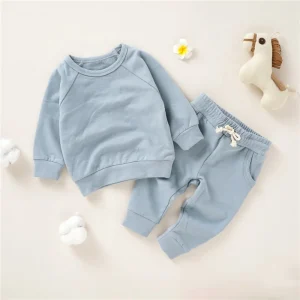 Hot Sale Baby Clothes Terry Fleece Solid Color Kids Clothing Raglan Sleeve Sweater Set Baby Pajama Set