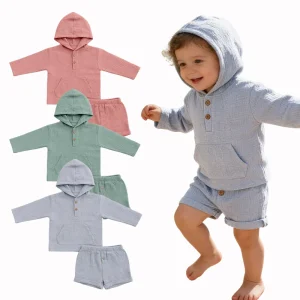 100% Organic Cotton Woven Trendy Solid Muslin Crepe Gauze Short Sleeve Baby Boy Summer Hoodie Tee Shirt and Shorts Set