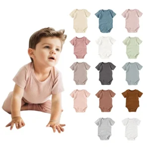0mths-12mths 12 Colors Ready to Ship Unisex Solid Snap Crotch Short Sleeve Rompers Newborn Baby Bodysuits
