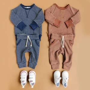Yarn Dye Stripe French Terry Long Sleeve Baby Clothing Set Baby Outfit Set