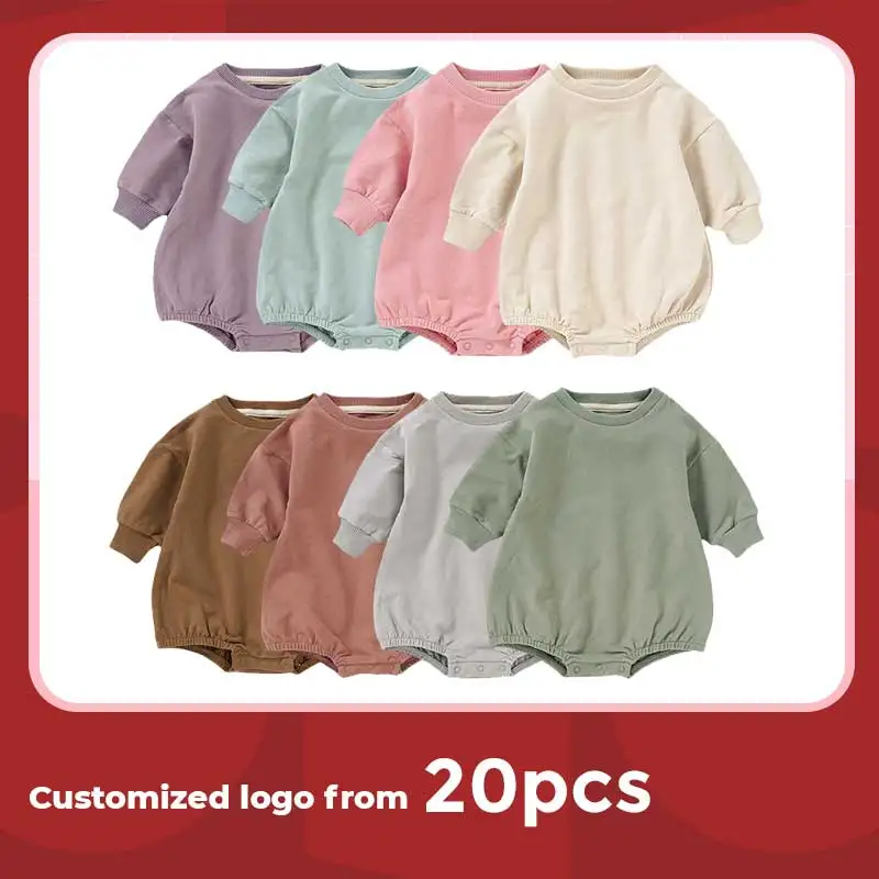 Customized logo From 20pcs Plain Cozy Drop Sleeve Pullover Bubble Romper Baby Sweater Romper - Image 2