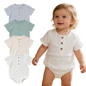 100% Organic Cotton Muslin Baby Bodysuit Short Sleeve Snap Crotch Infant Romper with Natural Coconut Buttons