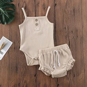 New Baby Girl Sling Top Romper and Solid Color Shorts 2pcs Summer Outfits