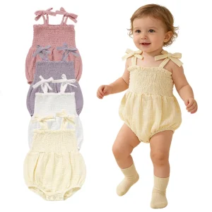 100% Organic Cotton Muslin Baby Romper with Shoulder Bow Tie & Smocked Chest | Sleeveless Snap Crotch Infant Bodysuit