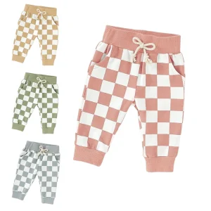 Wholesale Checkered Design Elastic Waist Baby Jogger Pants Long Baby Pants