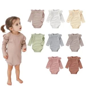 Ruffled Long Sleeve Legless 95% Organic Cotton 5% Spandex Plain Frill Girls Baby Short Romper