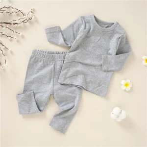 Manufacturer Solid Color Soft 100% Organic Cotton Children Sleep Wear Spring Baby Clothes Set Long Sleeve Baby Pajama Set
