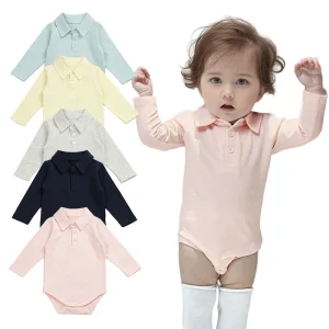 Custom Logo Solid Unisex Polo Collar Full Sleeve Boys Girls Newborn Infant Rompers Clothing
