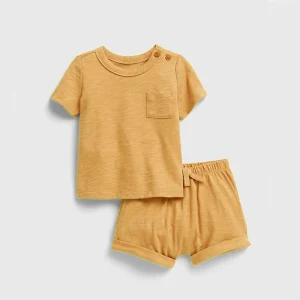 Shoulder Button Short Sleeve 100% Organic Cotton Summer Baby Clothing Set