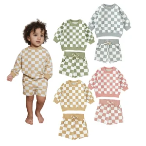 Fast Delivery Plaid Print Long Sleeve Children 2pcs Top and Short Set Baby Girls Clothing Set Baby Clothes Supplier