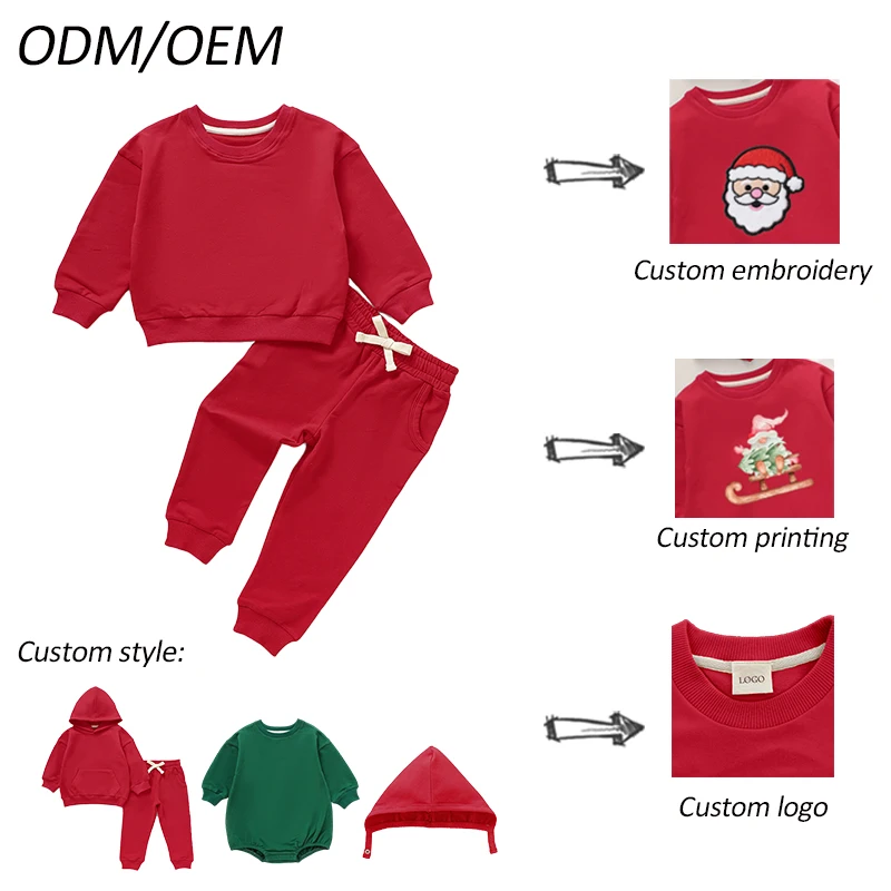 Factory Outlet Organic Cotton Baby Crew Neck Sweatshirt Solid Color Baby Clothes and Pants Christmas Clothes Set - Image 6