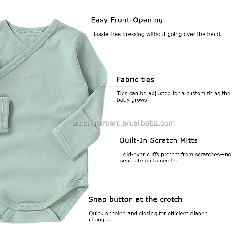 Organic Cotton Fold Over Cuff Long Sleeve Snap Crotch Kimono Baby Short Rompers - Image 3