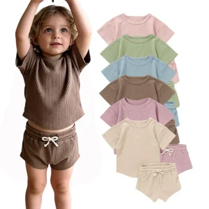 Wholesale Soft Knitted Waffle Baby Clothing Set Kids Clothing Summer Baby Short Set Neutral