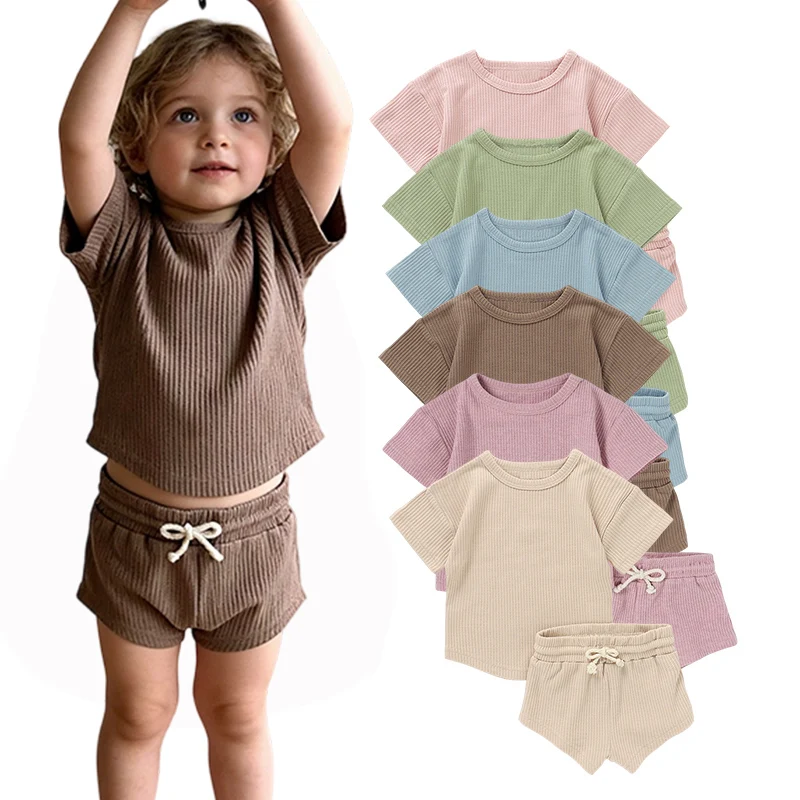 Wholesale Soft Knitted Waffle Baby Clothing Set Kids Clothing Summer Baby Short Set Neutral