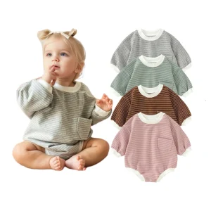 Wholesale Yarn Dye Stripe Organic Cotton Sleeve Baby Short Romper Stripe Baby Bubble Romper